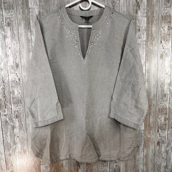 Tommy Bahama Tops - Tommy Bahama Top Womens L Ecru Beige Split Neck Sequin Embellished 100% Linen
